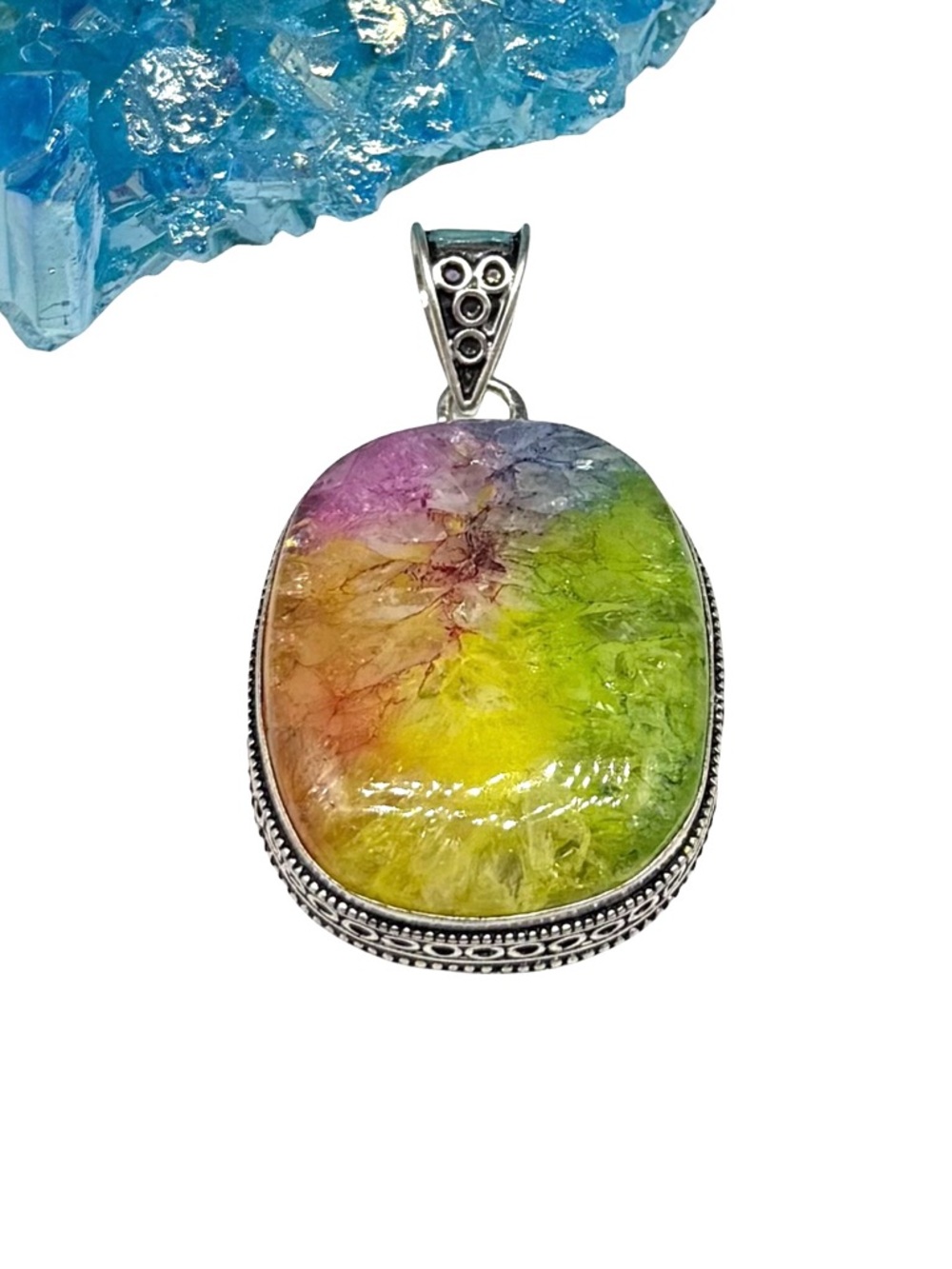Rainbow Solar Quartz Necklace Pendant 925 Sterling Silver Overlay